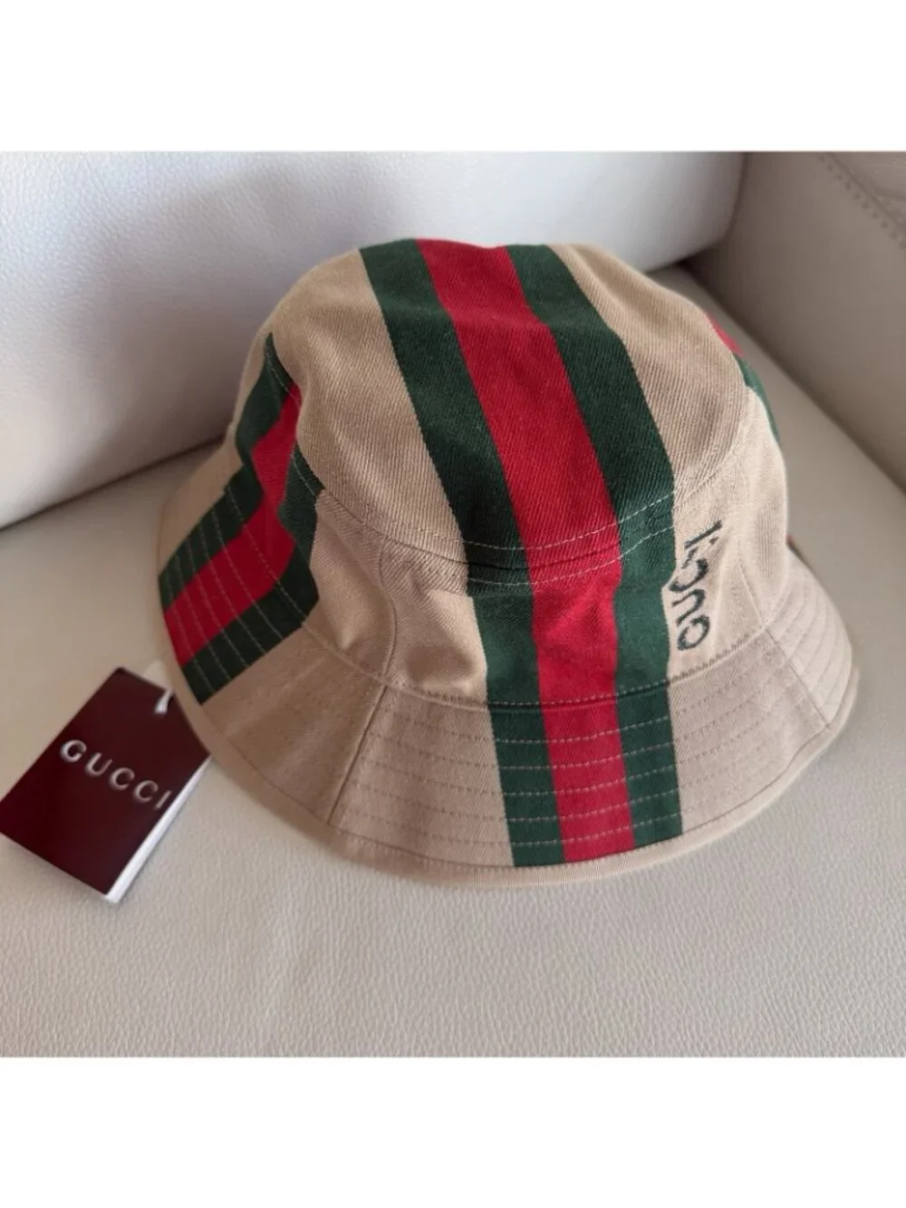 NWT Gucci Logo Printed Cotton Canvas Bucket Hat Sz S Web Beige